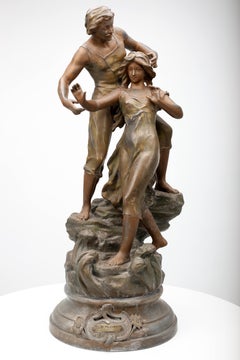 Ernest Rancolet (1870-1915) - "Pareja joven sobre rocas" Pequeña escultura de bronce
