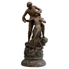 Ernest Rancolet (1870-1915) - "Young Couple on Rocks" Petite Bronze Sculpture