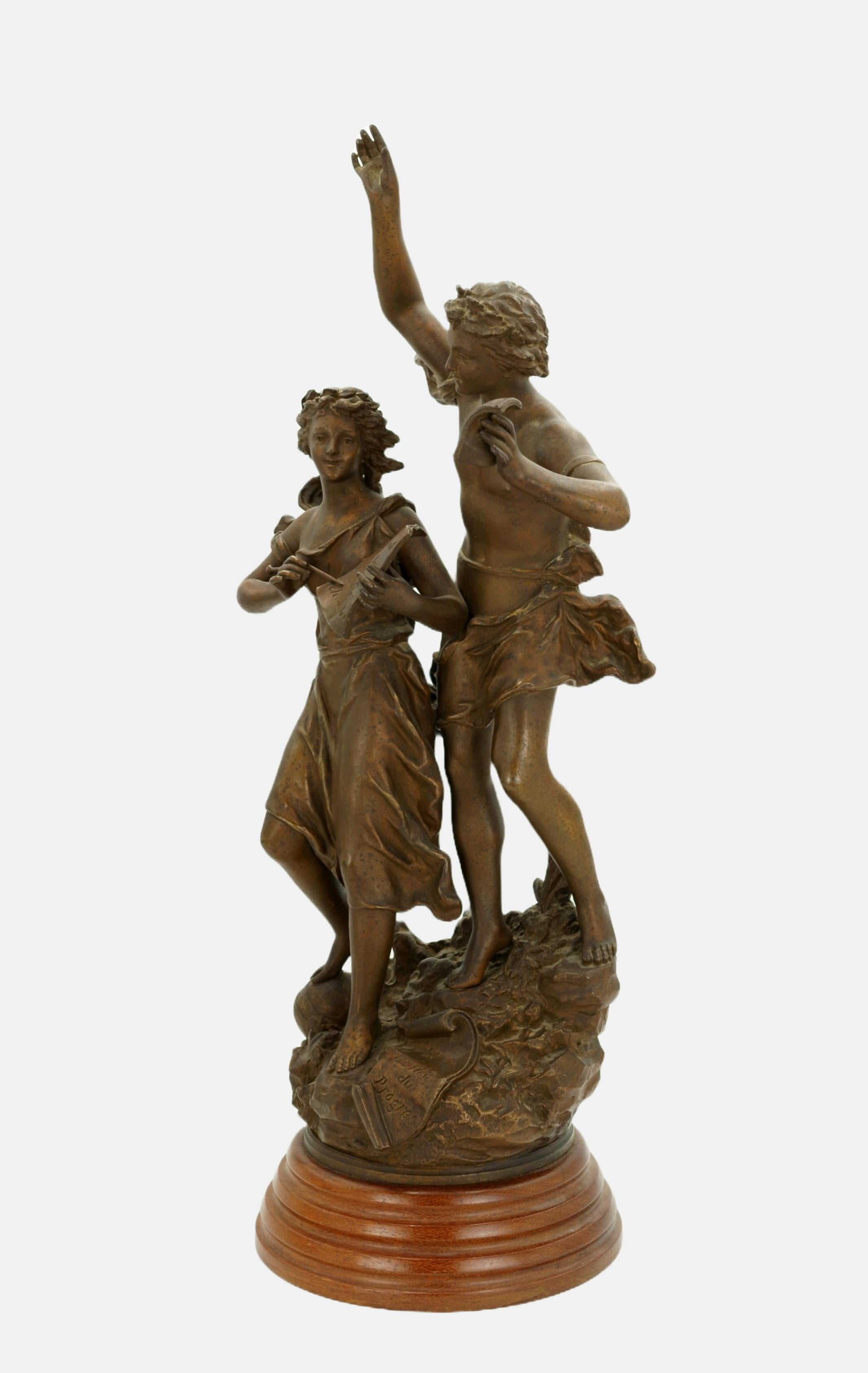 Ernest Rancoulet (1842-1918), Allegory of Progress, around 1890. Bronze-plated metal cast with cast terrain plinth mounted on a wooden base (6 cm high). 64.5 cm (total height) x 28 cm (width) x 18 cm (depth), weight 7.2 kg. The male genius holds a
