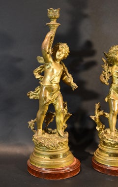 Pair Bronze Candlesticks Rancoulet Signature 19th Century France Sculpture