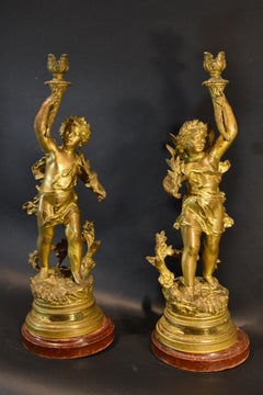 Paar Bronze-Kerzenständer Rancoulet Signatur 19. Jahrhundert Frankreich Skulptur