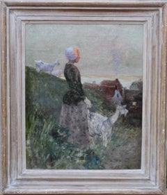 Girl with Goats in Coastal Landscape - 19thC French Impressionist oil painting