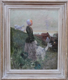 Girl with Goats in Coastal Landscape - 19thC French Impressionist oil painting