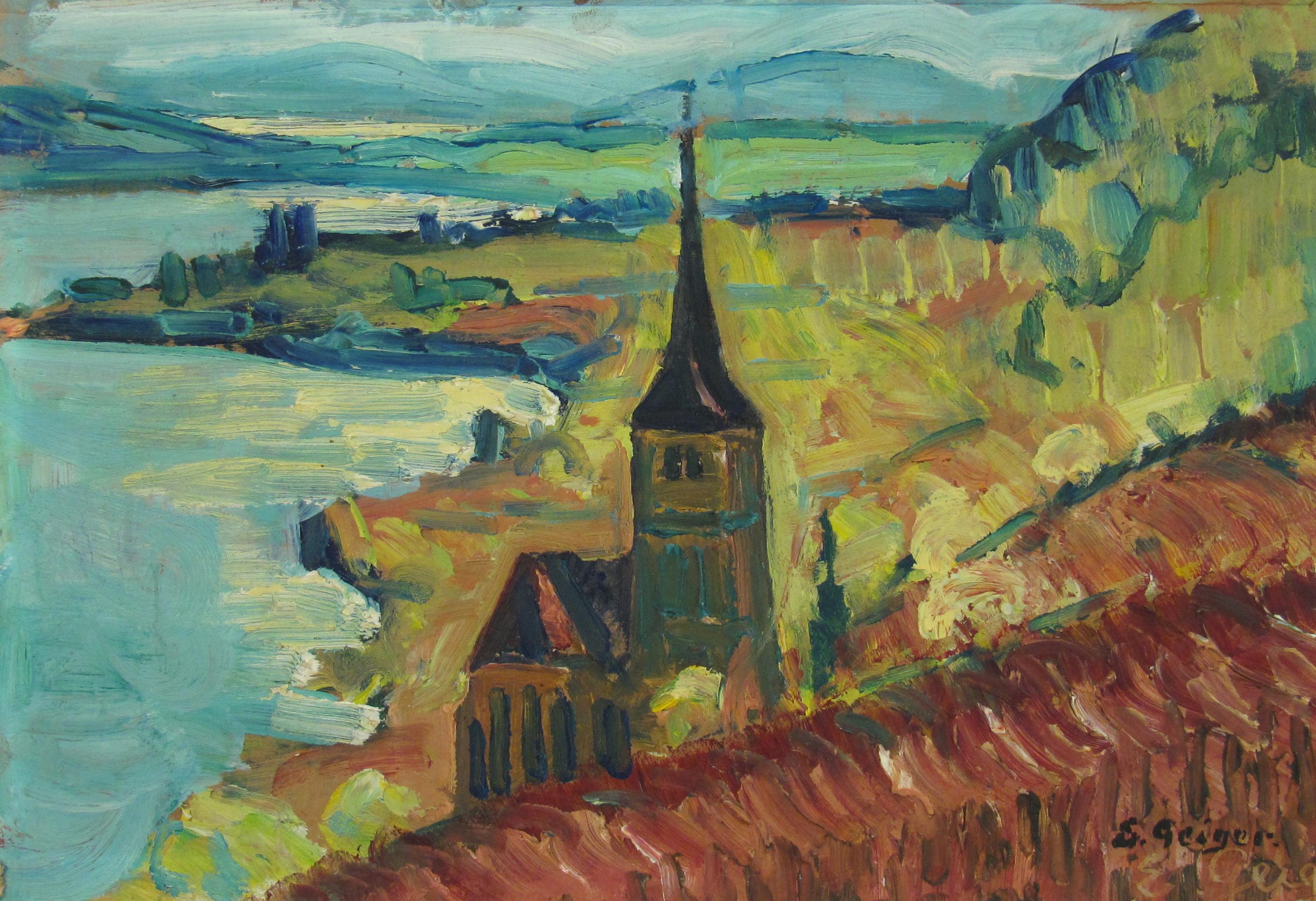 Ernst Samuel Geiger (1876-1965) Peinture à l'huile expressionniste - Paysage - Suisse - Gris Abstract Painting par Ernest Samuel Geiger