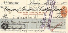 Ernest Shackleton Signed Bank Cheque