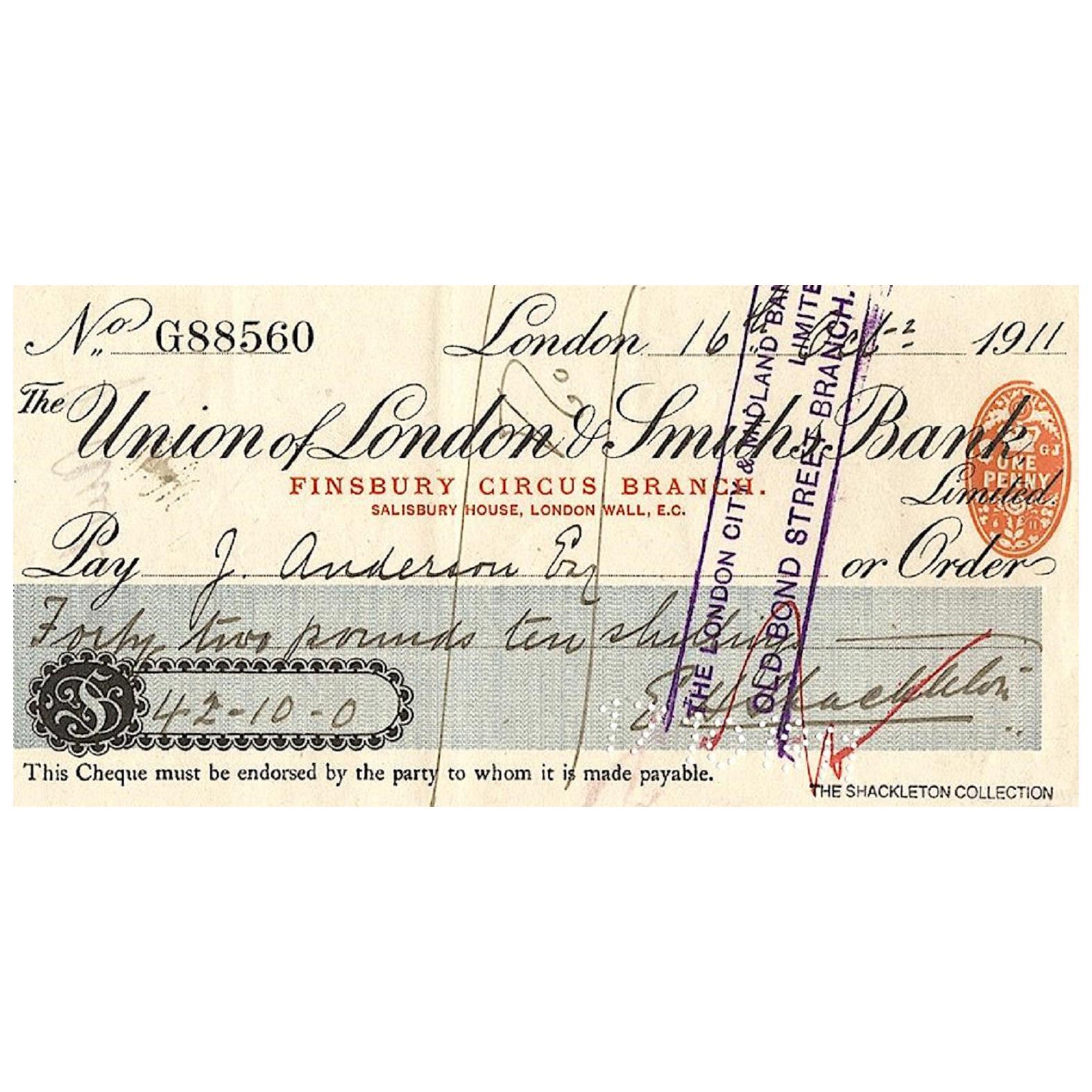 Ernest Shackleton Signed Bank Cheque