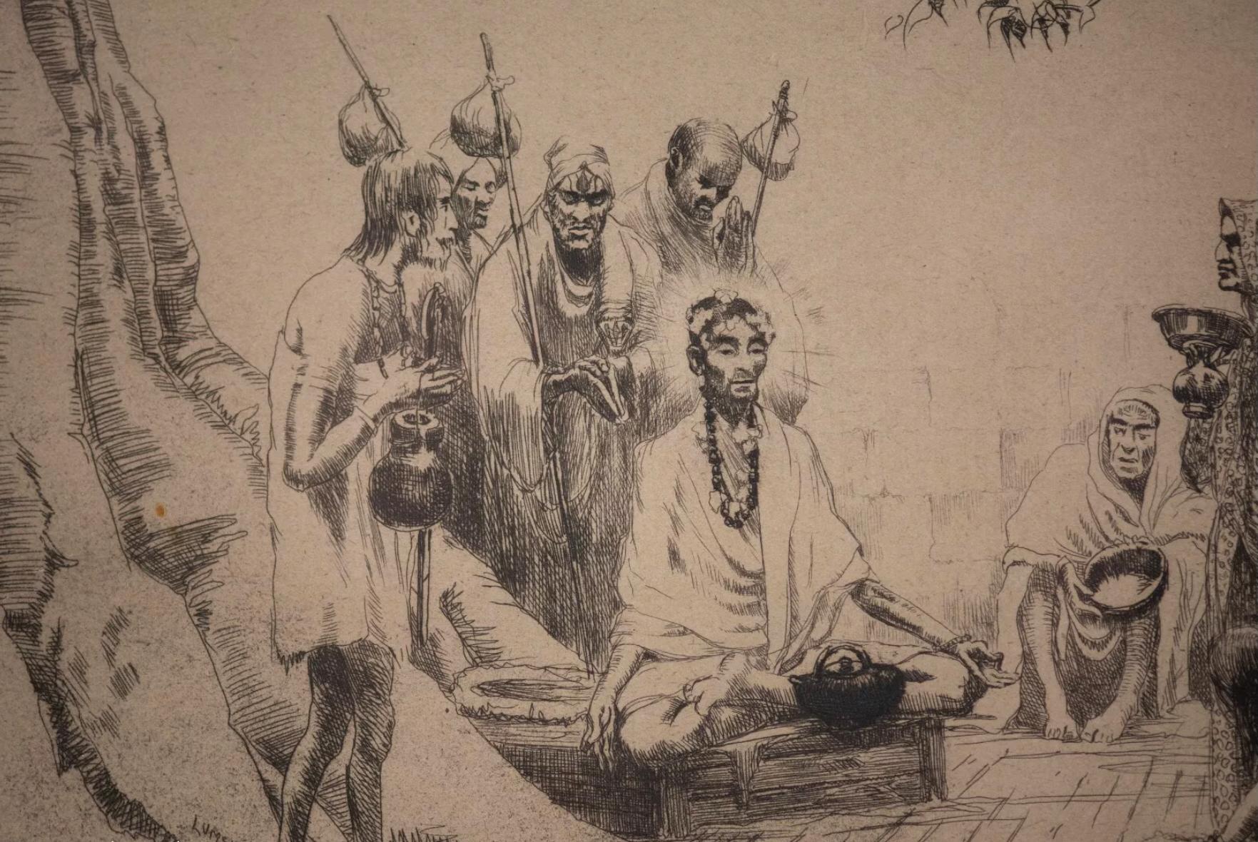 India Figurative Landscape 1910 Buddha Rare Early Original Etching - Brown Landscape Print by Ernest Stephen Lumsden
