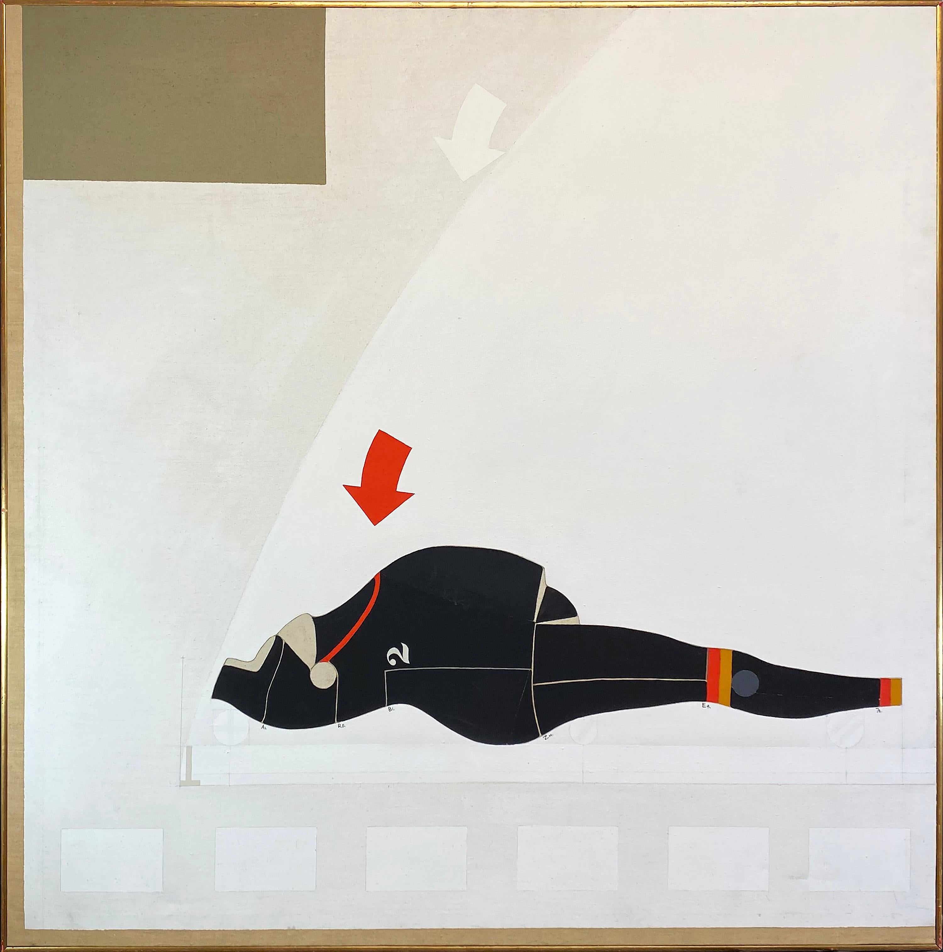 Ernest Tino Trova Abstract Painting – Falling Man, schwarz auf weißem Hintergrund