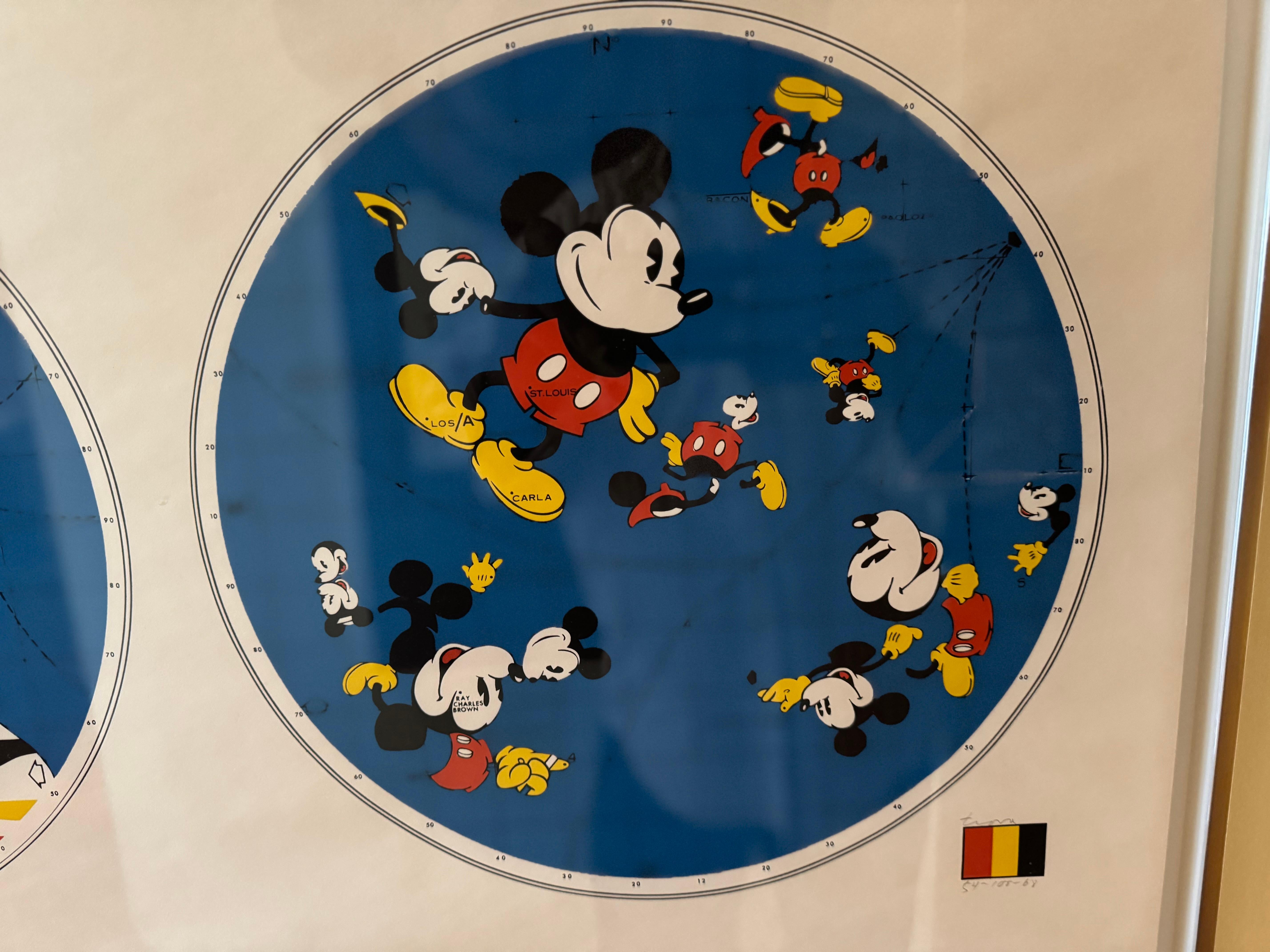 This is a lithograph by Ernest Trova of Mickey Mouse and the World.
Trova was born in 1927 and Mickey Mouse was created in 1928. He
and Mickey grew up together. This a tribute of sorts to his childhood friend.
It's a lithograph on Paper nicely