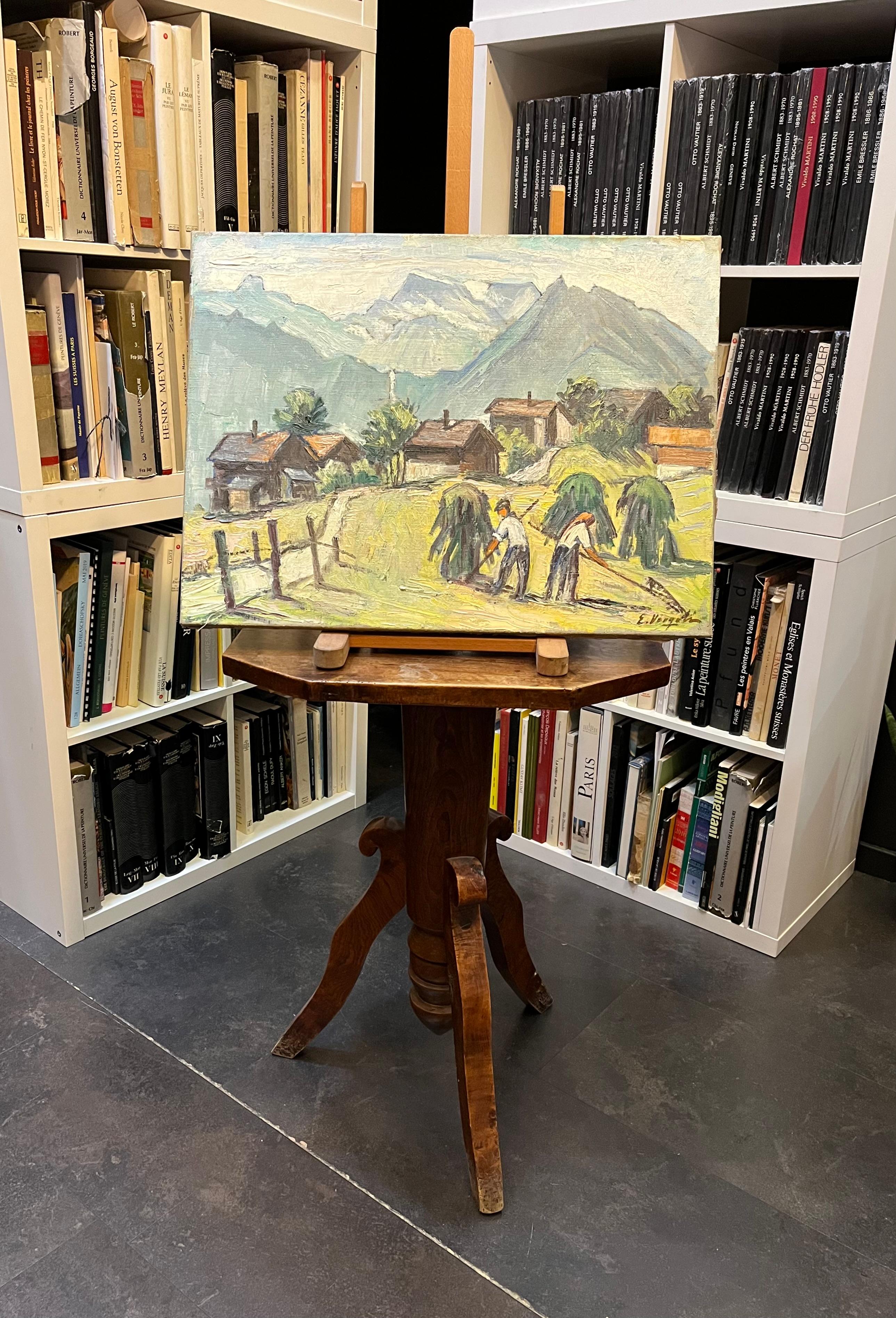 Campos de heno en Adelboden, Berna de Ernest Voegeli - Óleo sobre lienzo 46x61 cm en venta 8