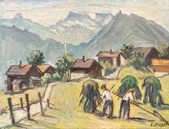 Hayfields in Adelboden, Berne par Ernest Voegeli - Huile sur toile 46 x61 cm