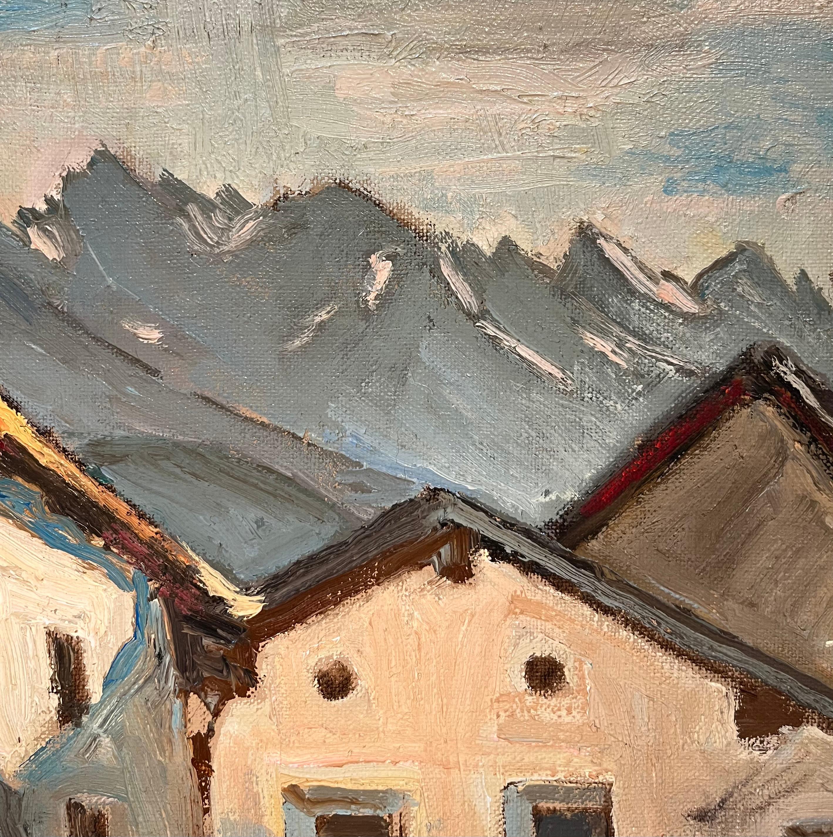 Viejo rincón en Schuls de Ernest Voegeli - Óleo sobre lienzo 46x60 cm en venta 2