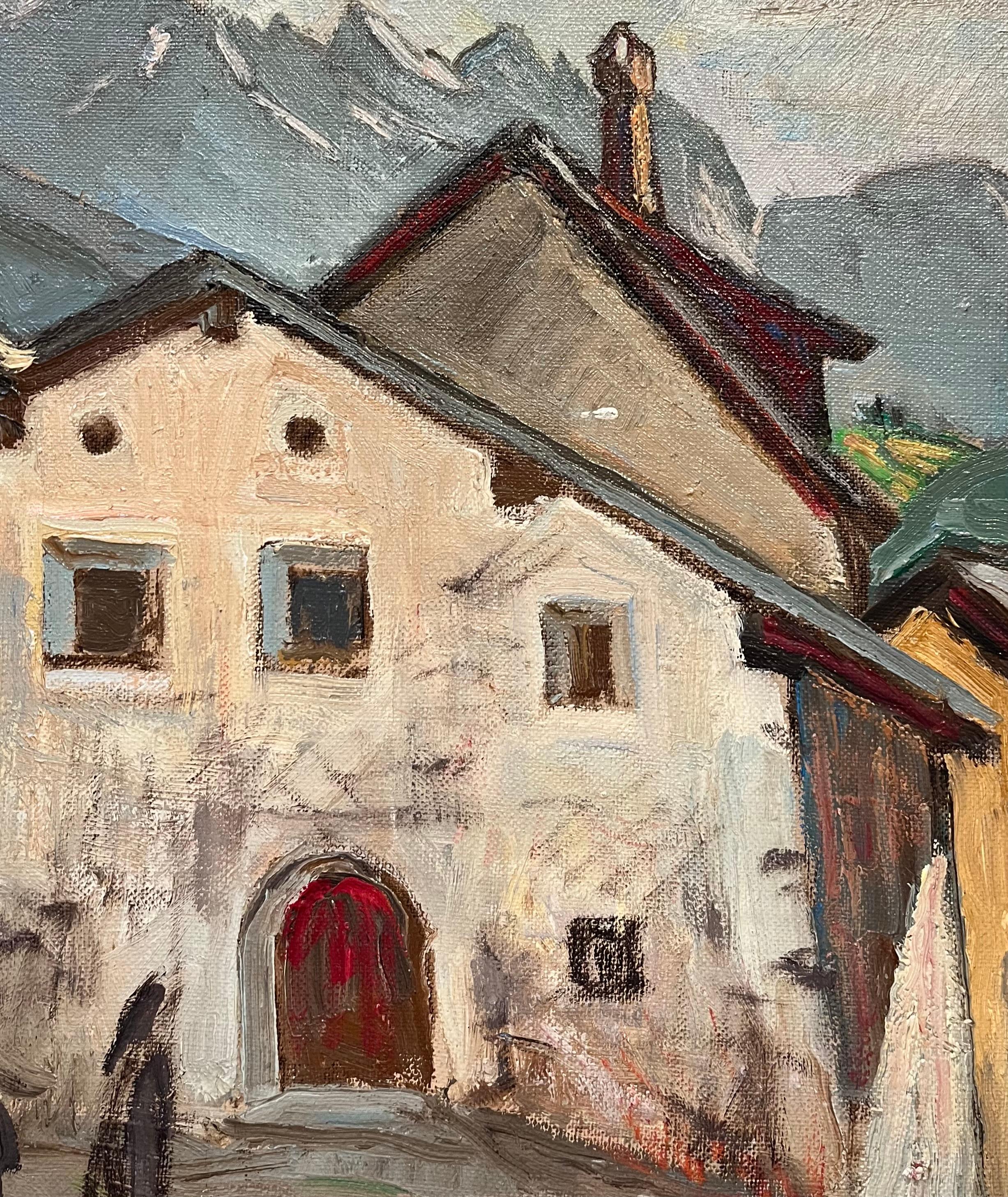 Viejo rincón en Schuls de Ernest Voegeli - Óleo sobre lienzo 46x60 cm en venta 3