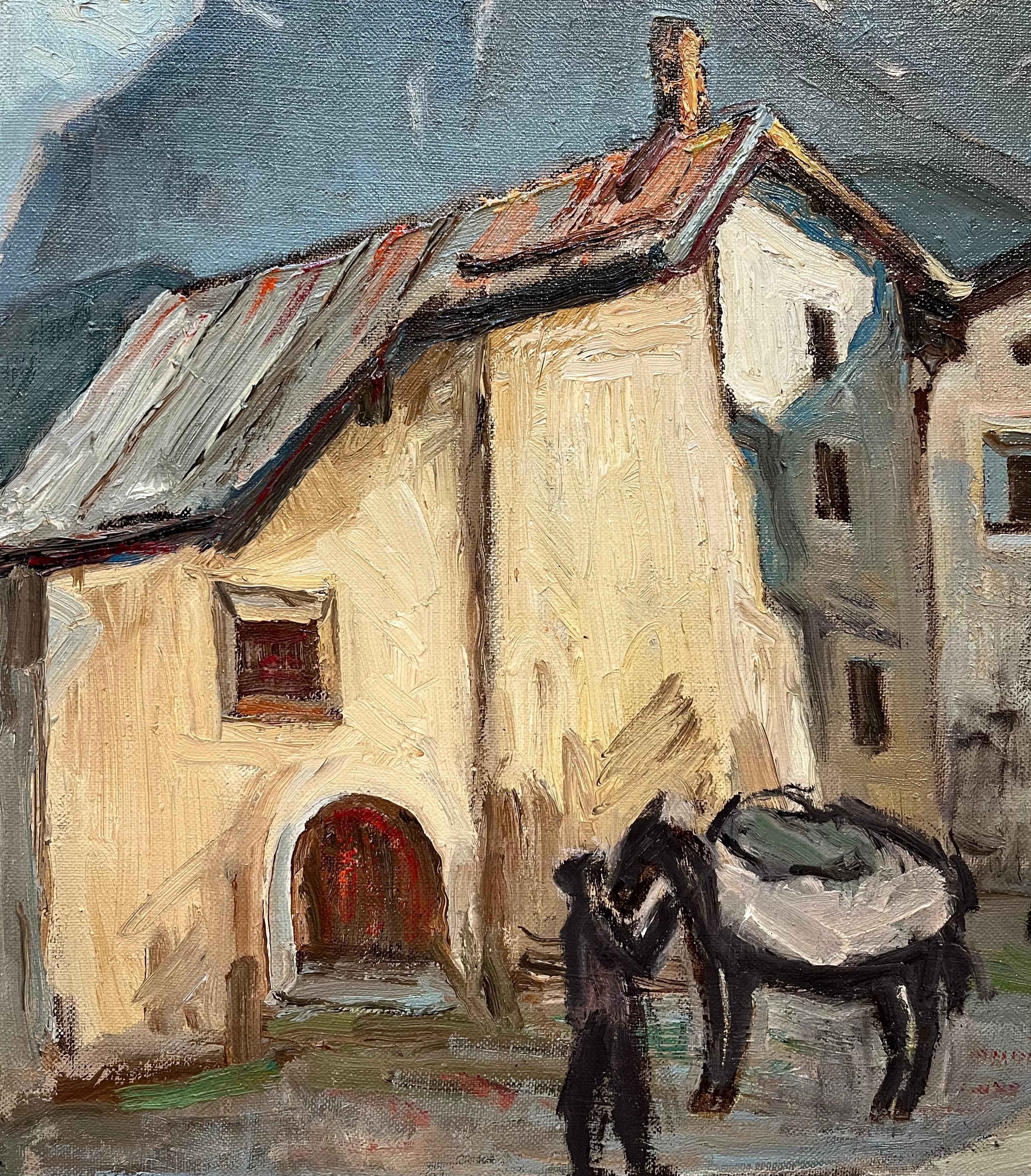 Viejo rincón en Schuls de Ernest Voegeli - Óleo sobre lienzo 46x60 cm en venta 4
