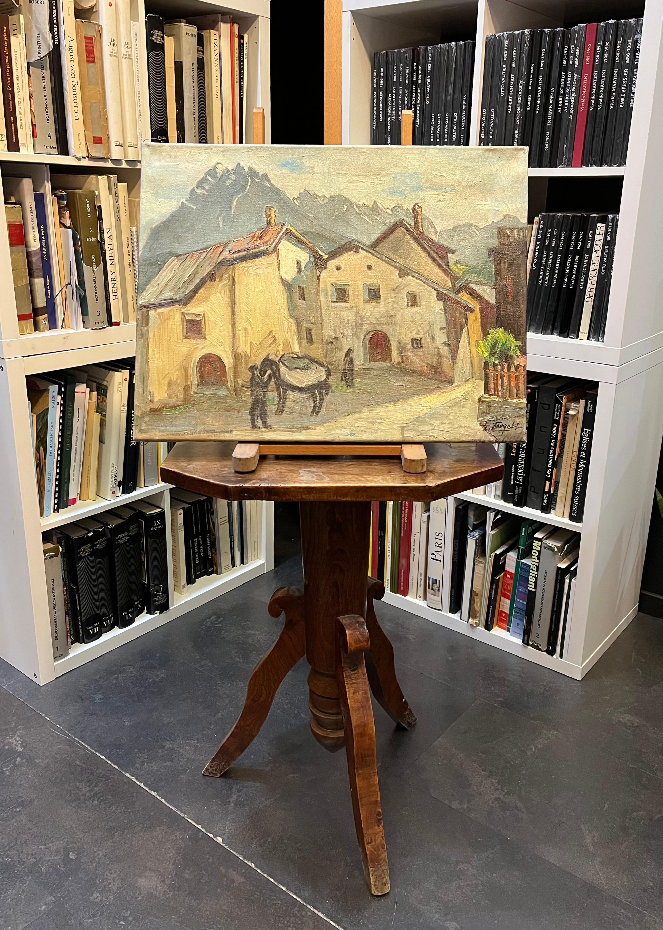 Viejo rincón en Schuls de Ernest Voegeli - Óleo sobre lienzo 46x60 cm en venta 7