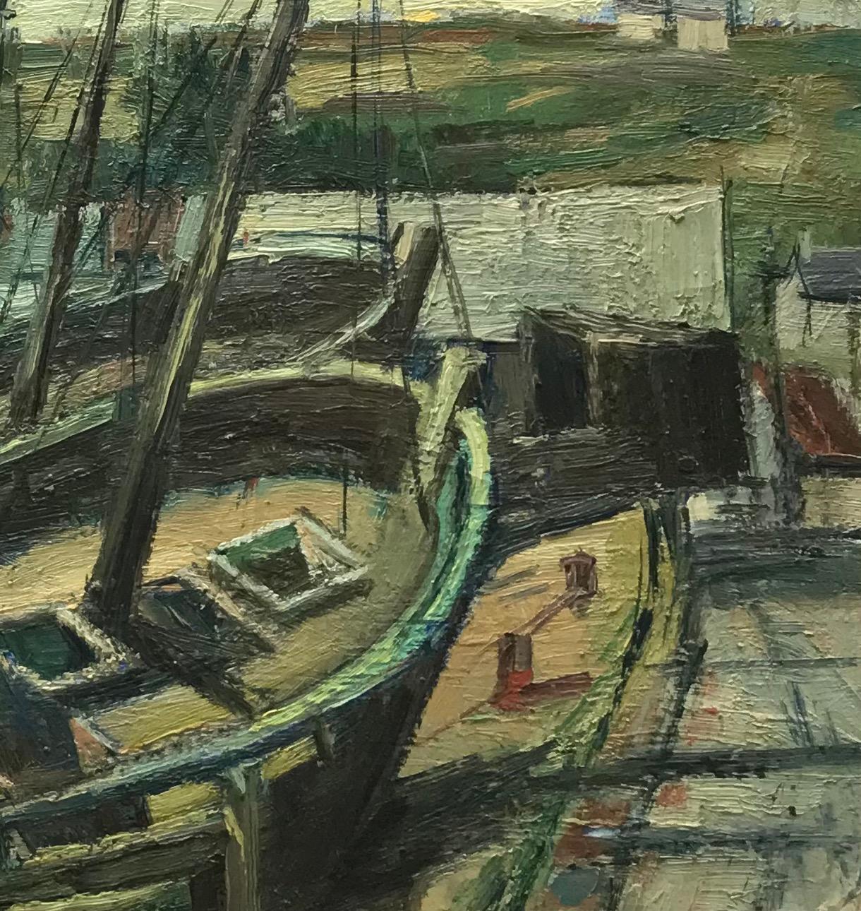 Small harbor by Ernest Voegeli - Oil on canvas 51x62 cm For Sale 1