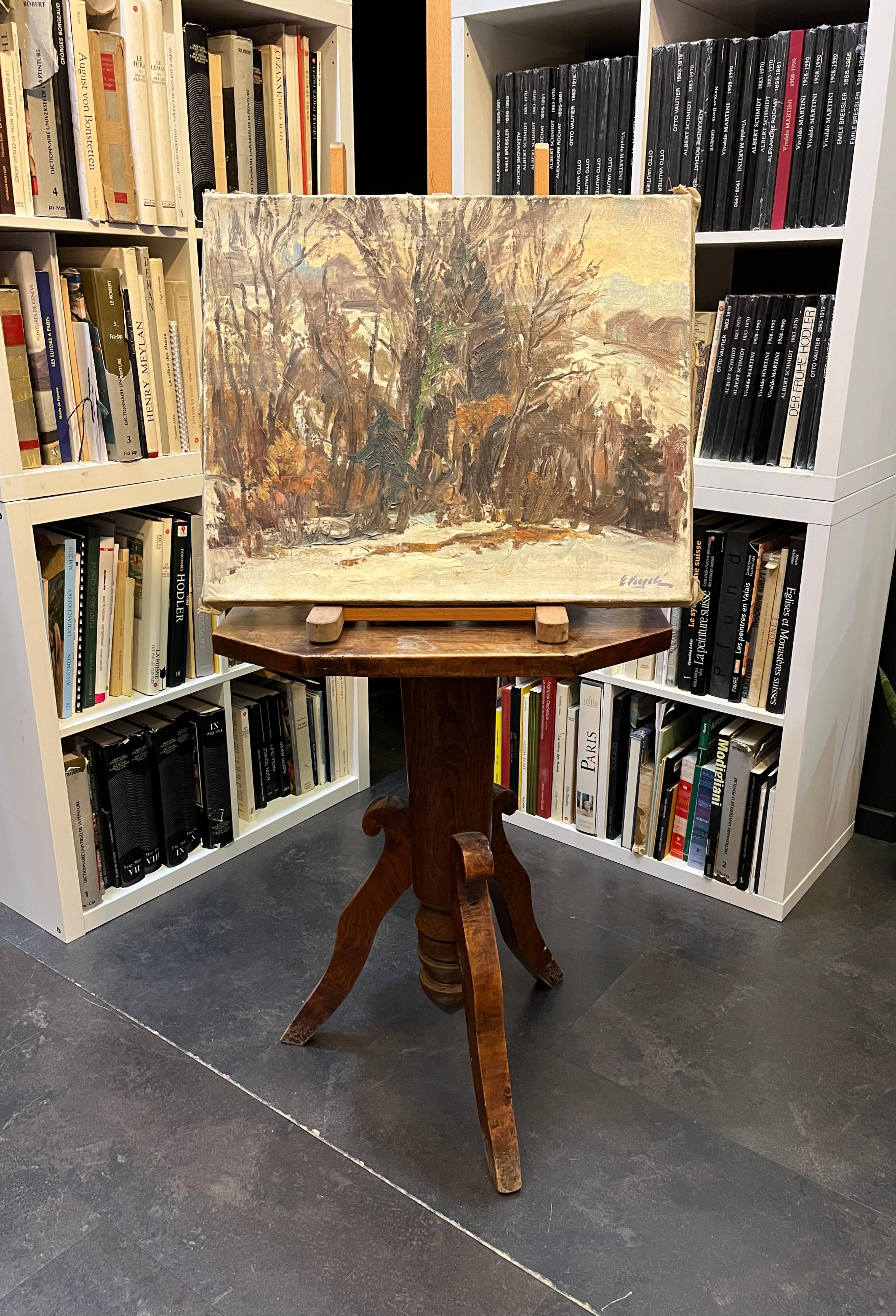 Schneegedecktes Unterholz von Ernest Voegeli - Öl auf Leinwand 46x55 cm im Angebot 7