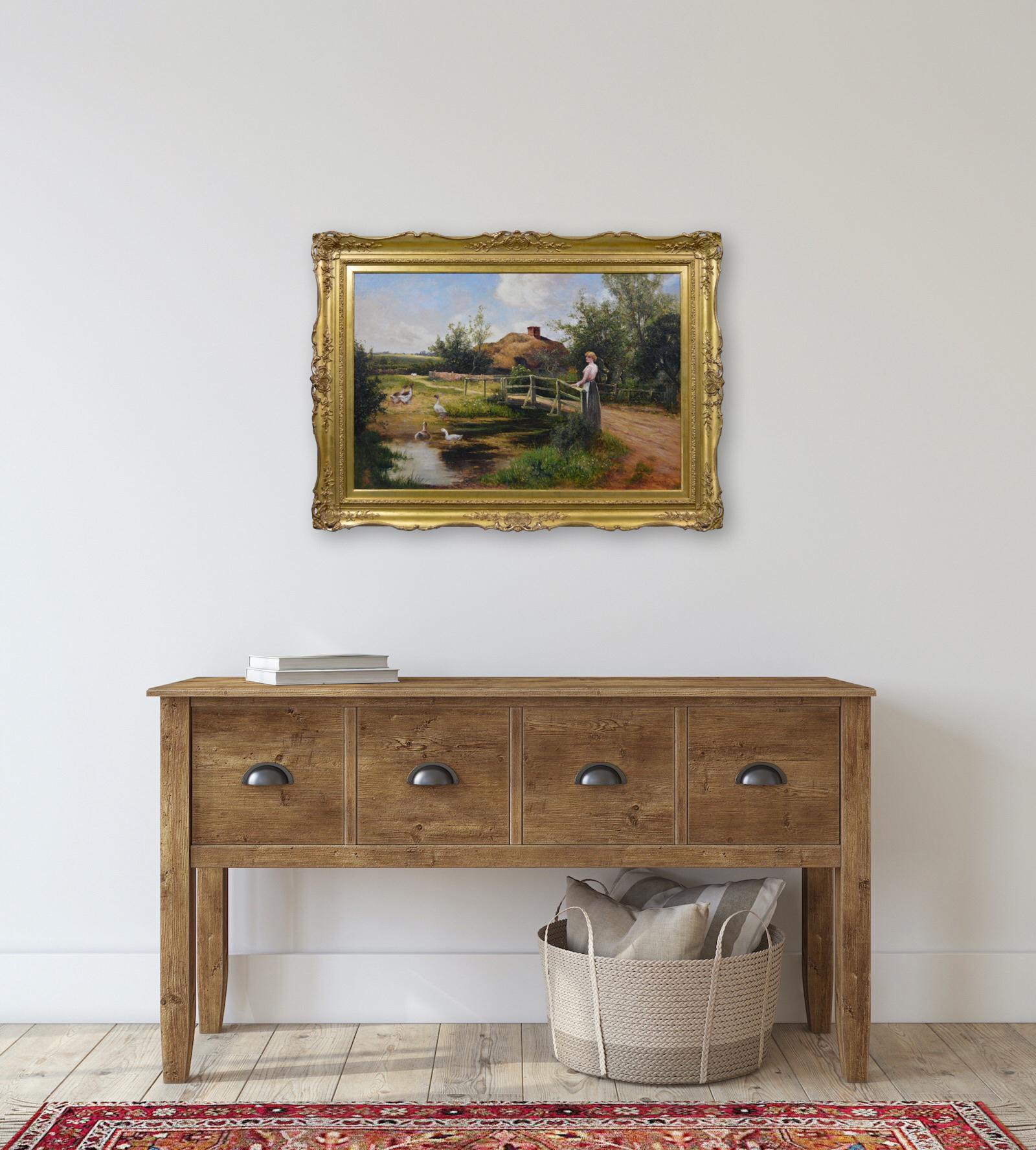 19th Century genre oil painting of a woman & geese at a pond For Sale 6
