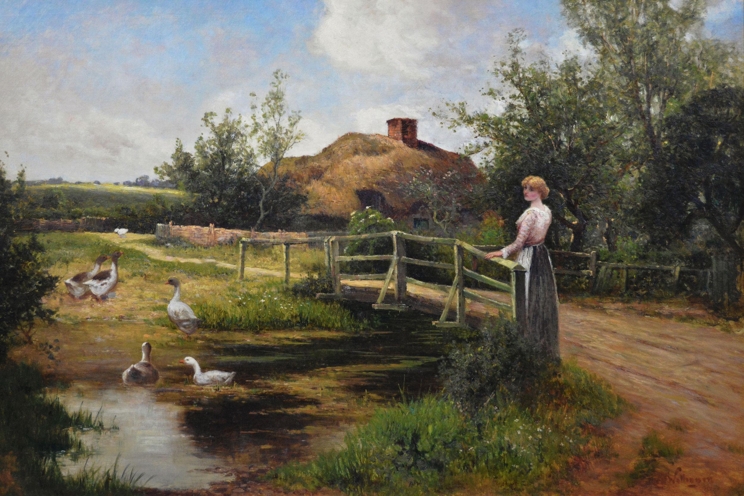 19th Century genre oil painting of a woman & geese at a pond - Painting by Ernest Walbourn