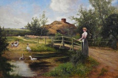 19th Century genre oil painting of a woman & geese at a pond
