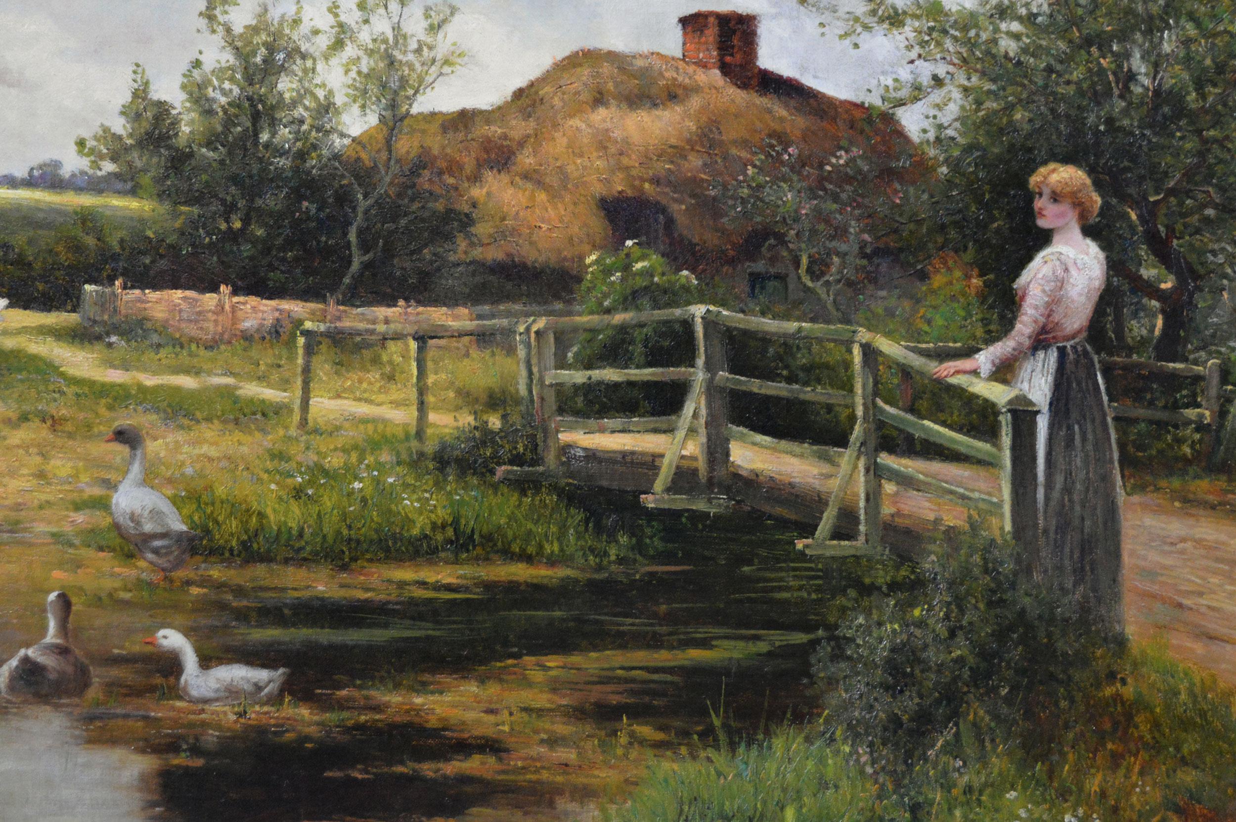 19th Century genre oil painting of a woman & geese at a pond - Brown Landscape Painting by Ernest Walbourn