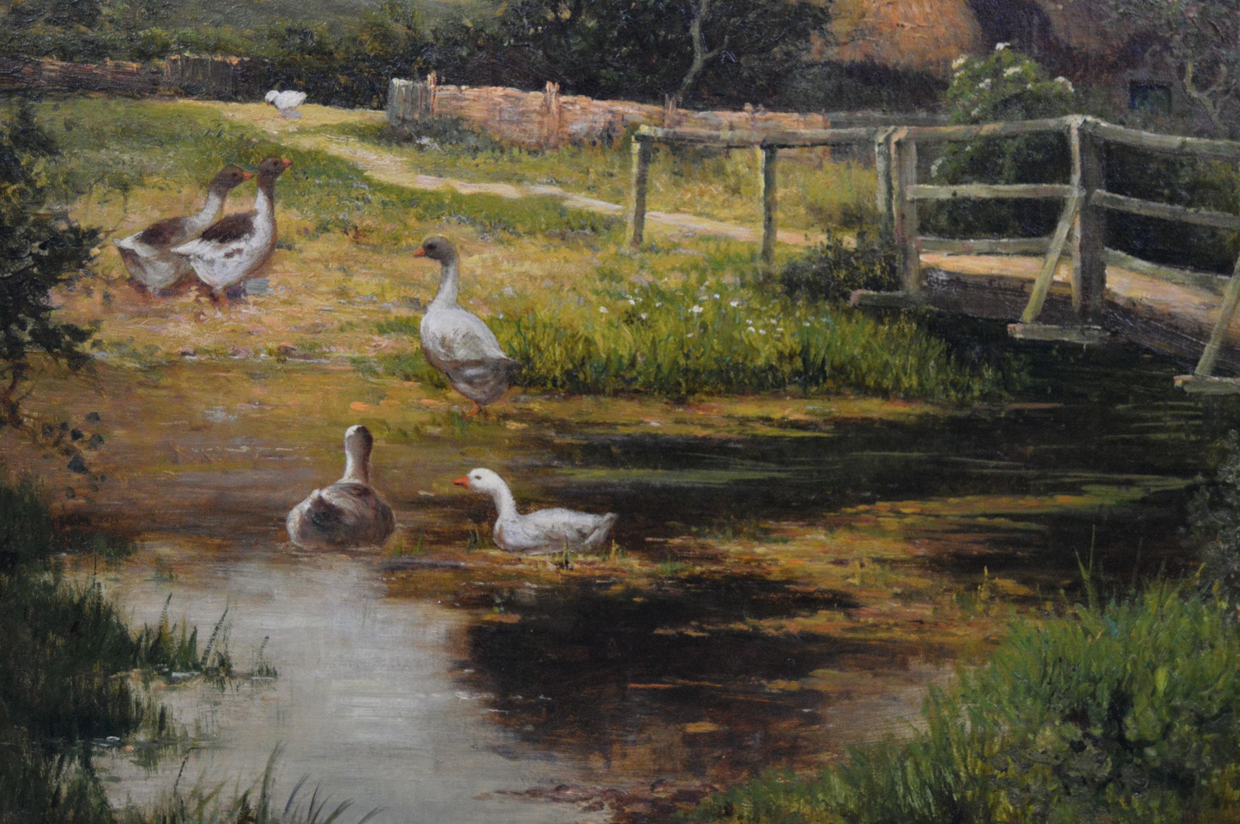 Ernest Walbourn
British, (1872-1927)
By the Pond
Oil on canvas, signed
Image size: 24 inches x 36 inches
Size including frame: 31.5 inches x 43.5 inches

A pleasing genre painting by Ernest Walbourn of a woman next to a duck pond.  The woman can be