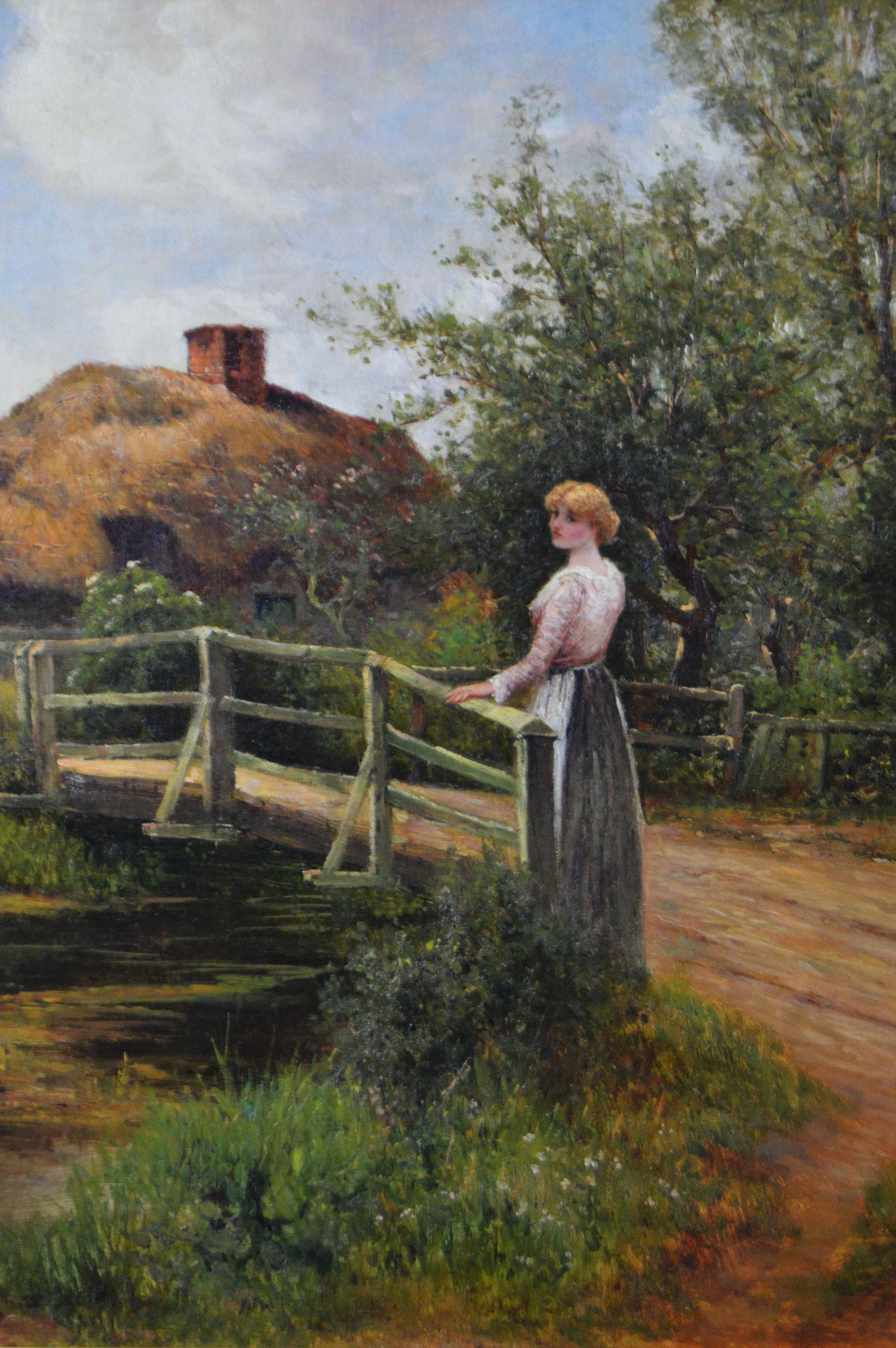19th Century genre oil painting of a woman & geese at a pond For Sale 1
