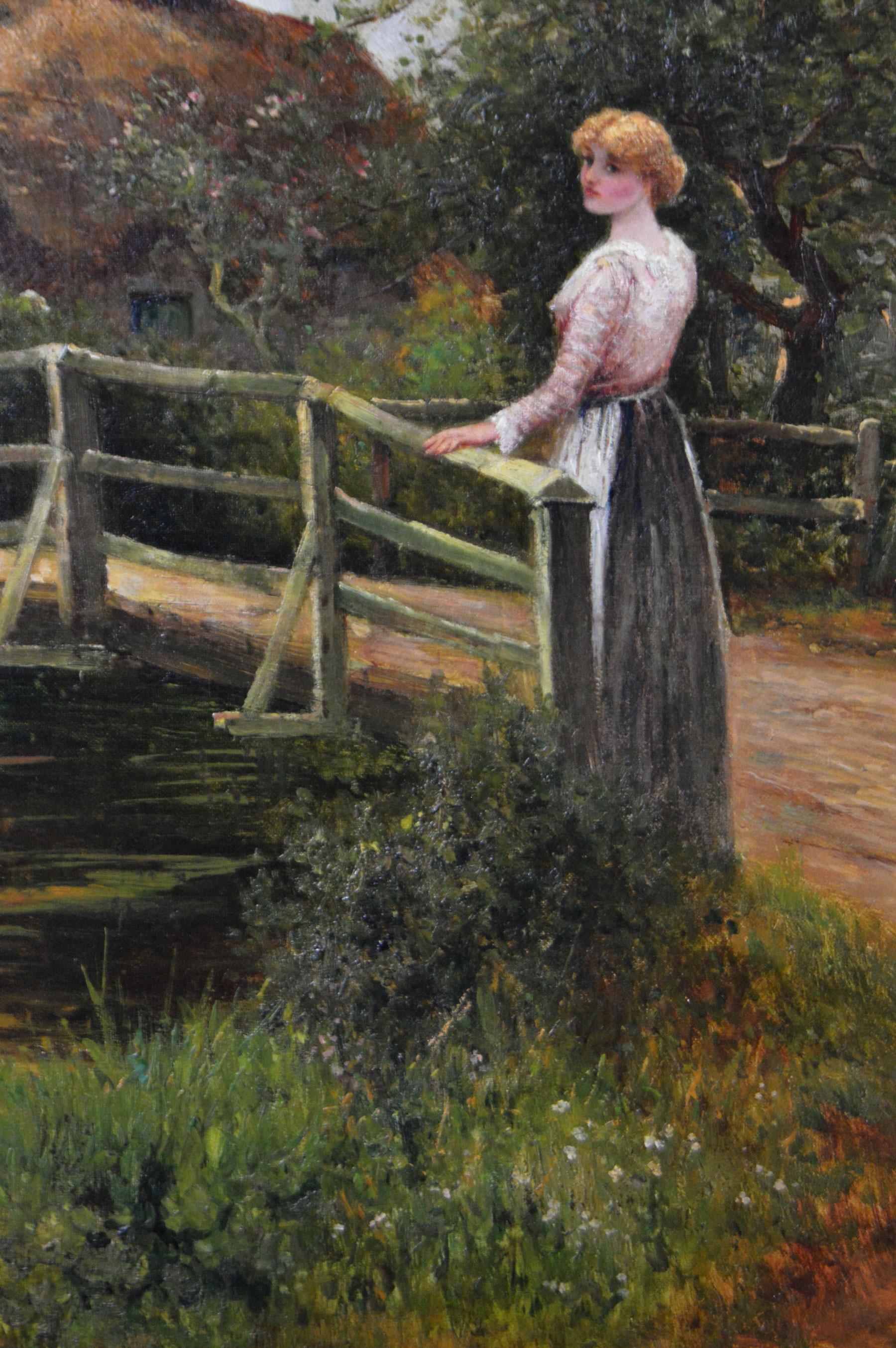 19th Century genre oil painting of a woman & geese at a pond For Sale 2