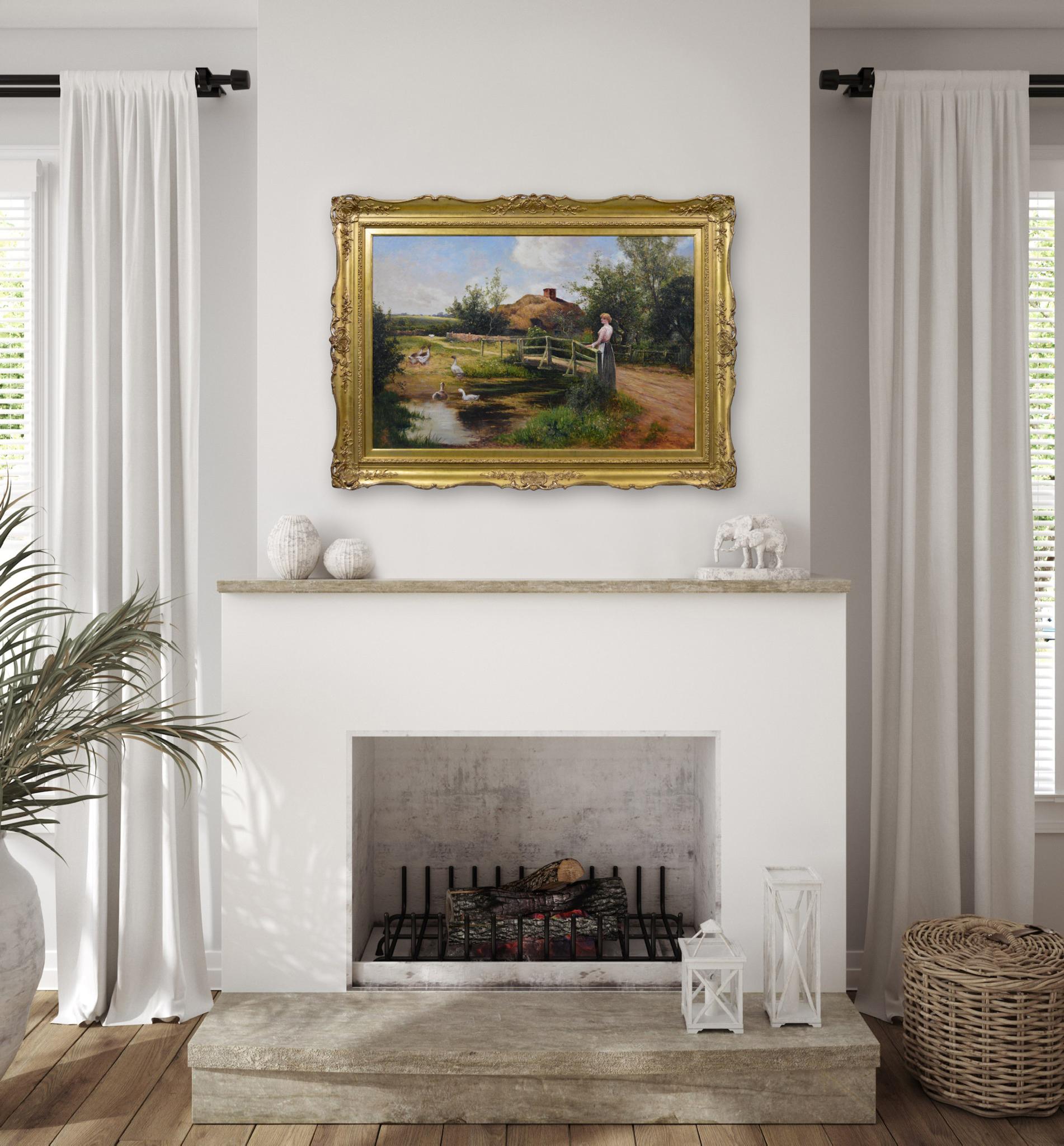 19th Century genre oil painting of a woman & geese at a pond For Sale 4