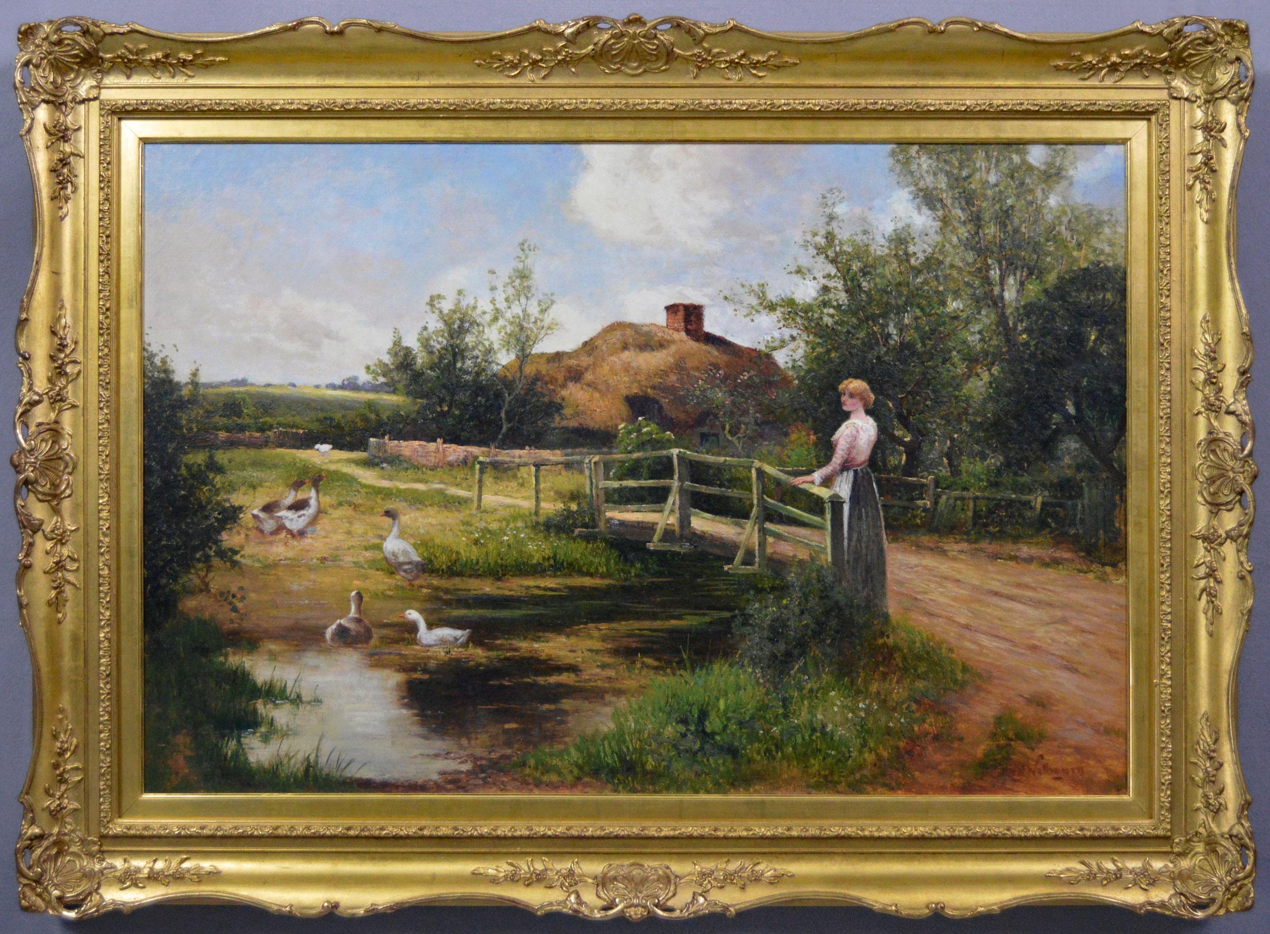 Ernest Walbourn Landscape Painting - 19th Century genre oil painting of a woman & geese at a pond