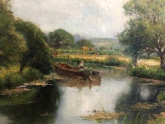 "A Summer Idyll" Mother & child feeding the ducks in beautiful english landscape