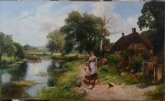 "A Summer Idyll" Mother & child feeding the ducks in beautiful english landscape