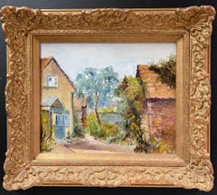 Antique English Oil Painting Old Traditional Cottages & Farmyard Buildings