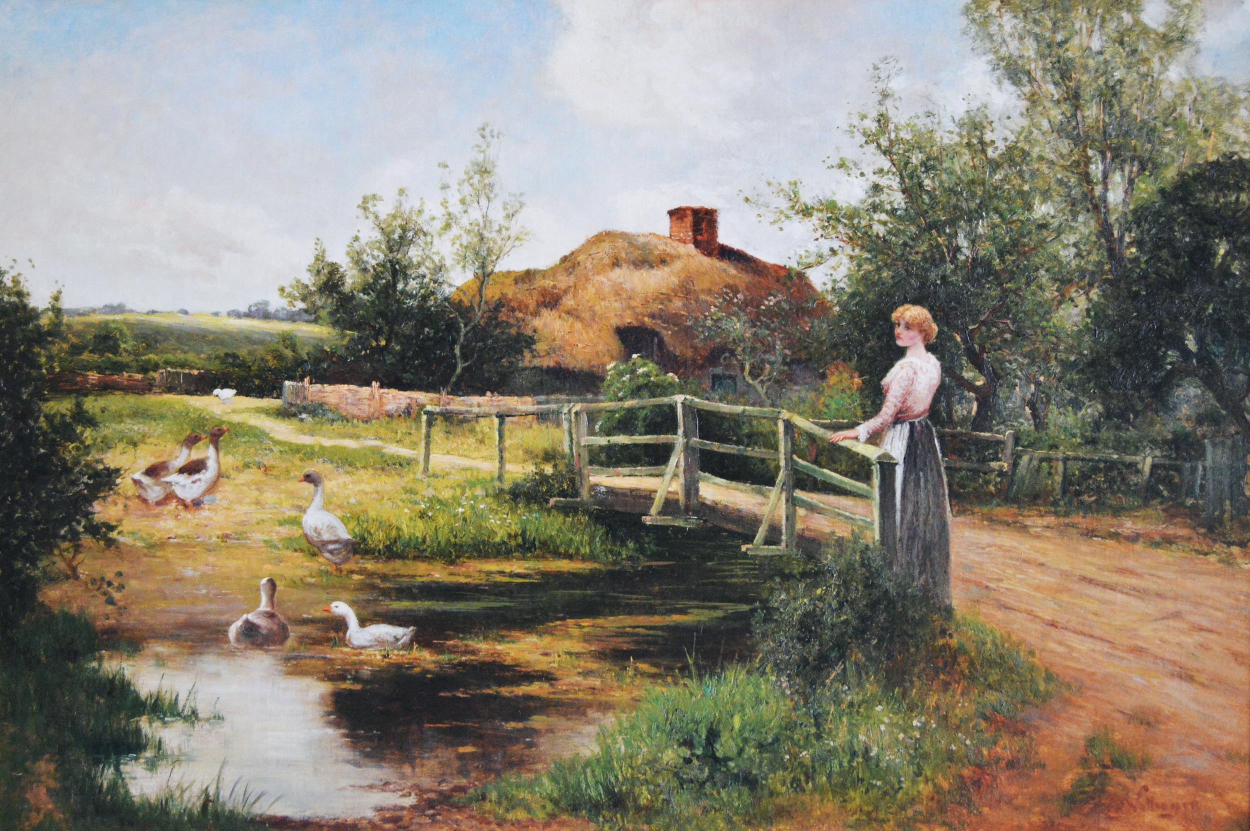 19th Century genre oil painting of a women by a pond - Painting by Ernest Walbourn