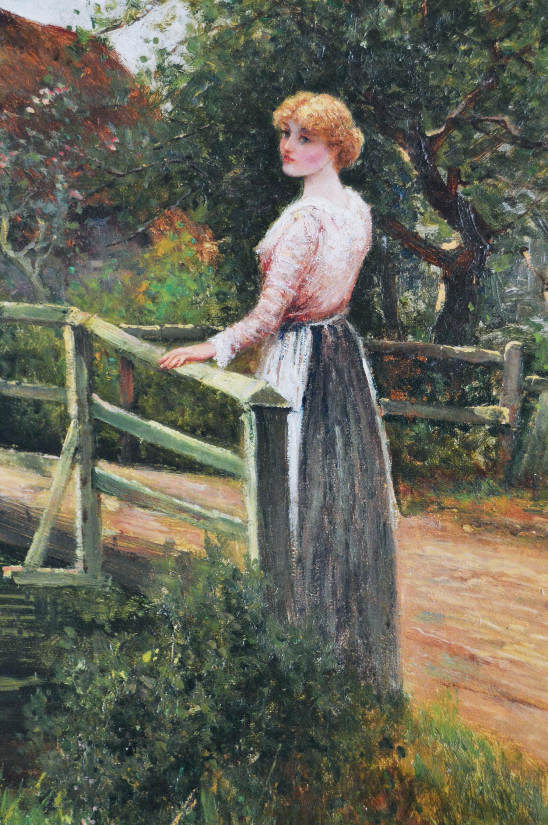 19th Century genre oil painting of a women by a pond - Brown Figurative Painting by Ernest Walbourn