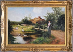 Antique 19th Century genre oil painting of a women by a pond