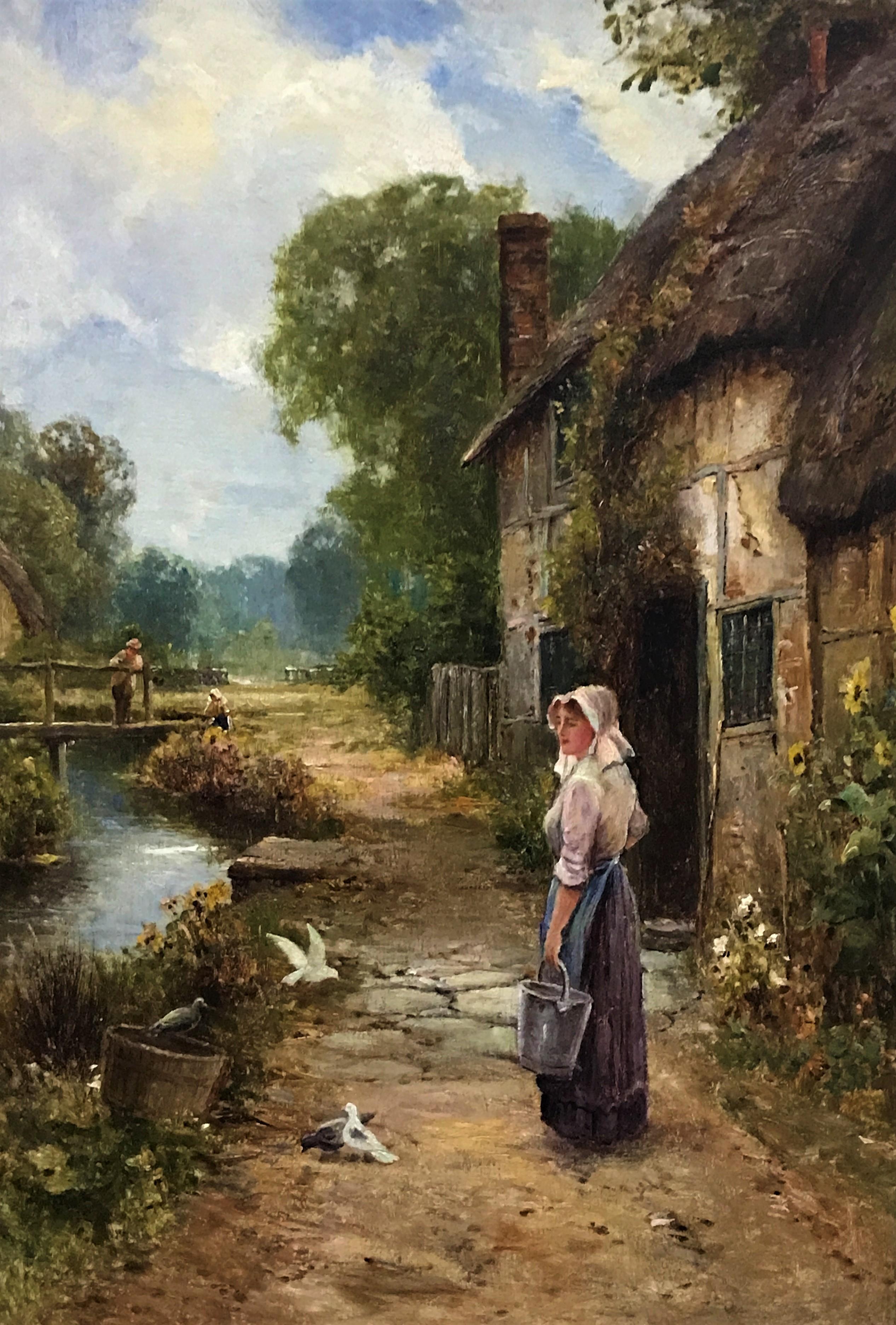 Country Girl by Cottage Door, original oil on canvas, late 19th C, naturalistic