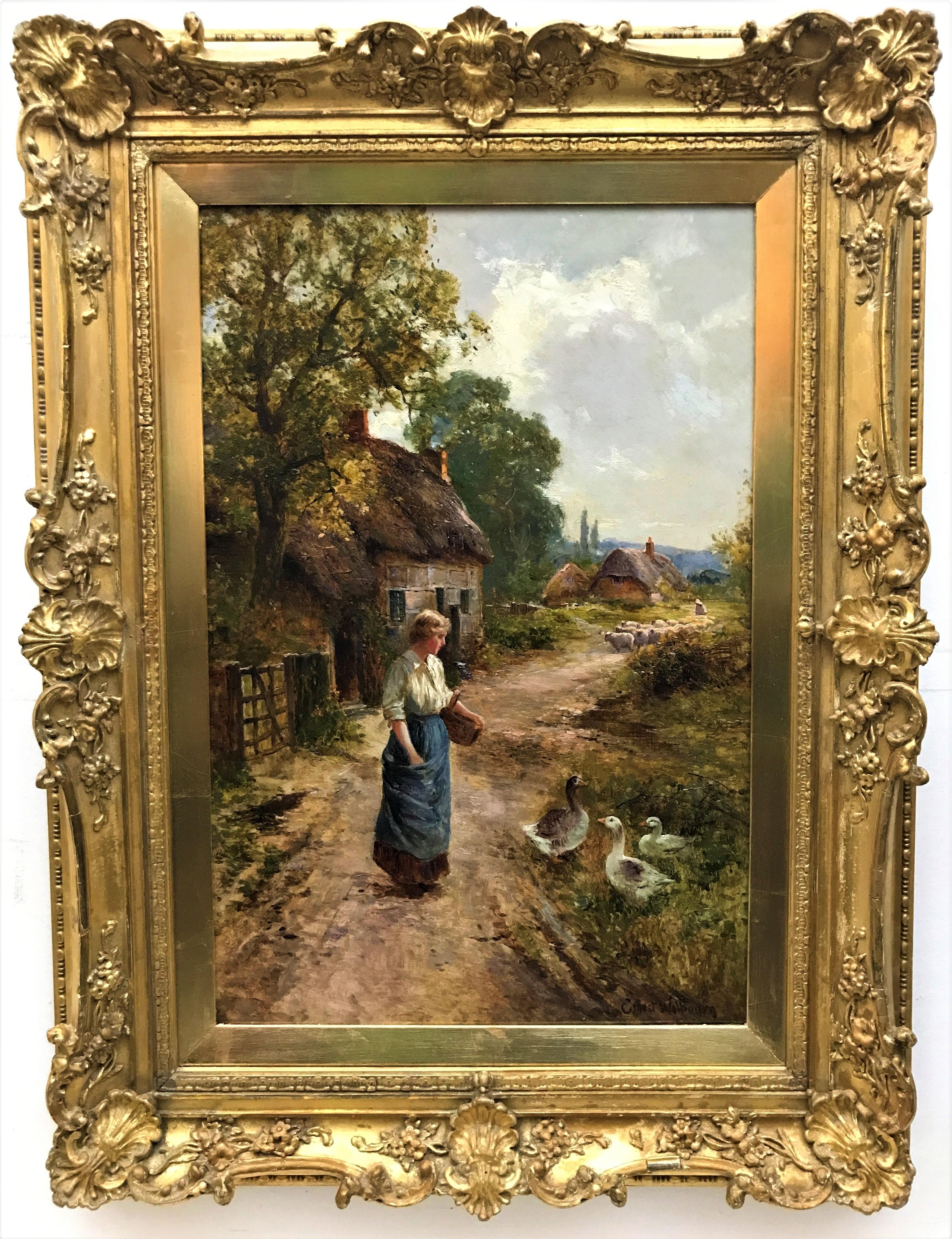 Country Girl on a Farm Track, original oil on canvas, late 19th C, naturalistic - Painting by Ernest Walbourn