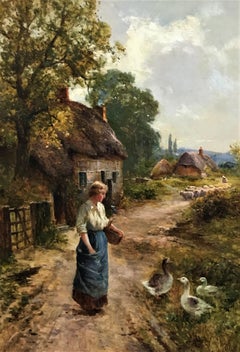Country Girl on a Farm Track, original oil on canvas, late 19th C, naturalistic