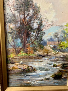 English Early 20th Century impressionist, man fishing by river landscape