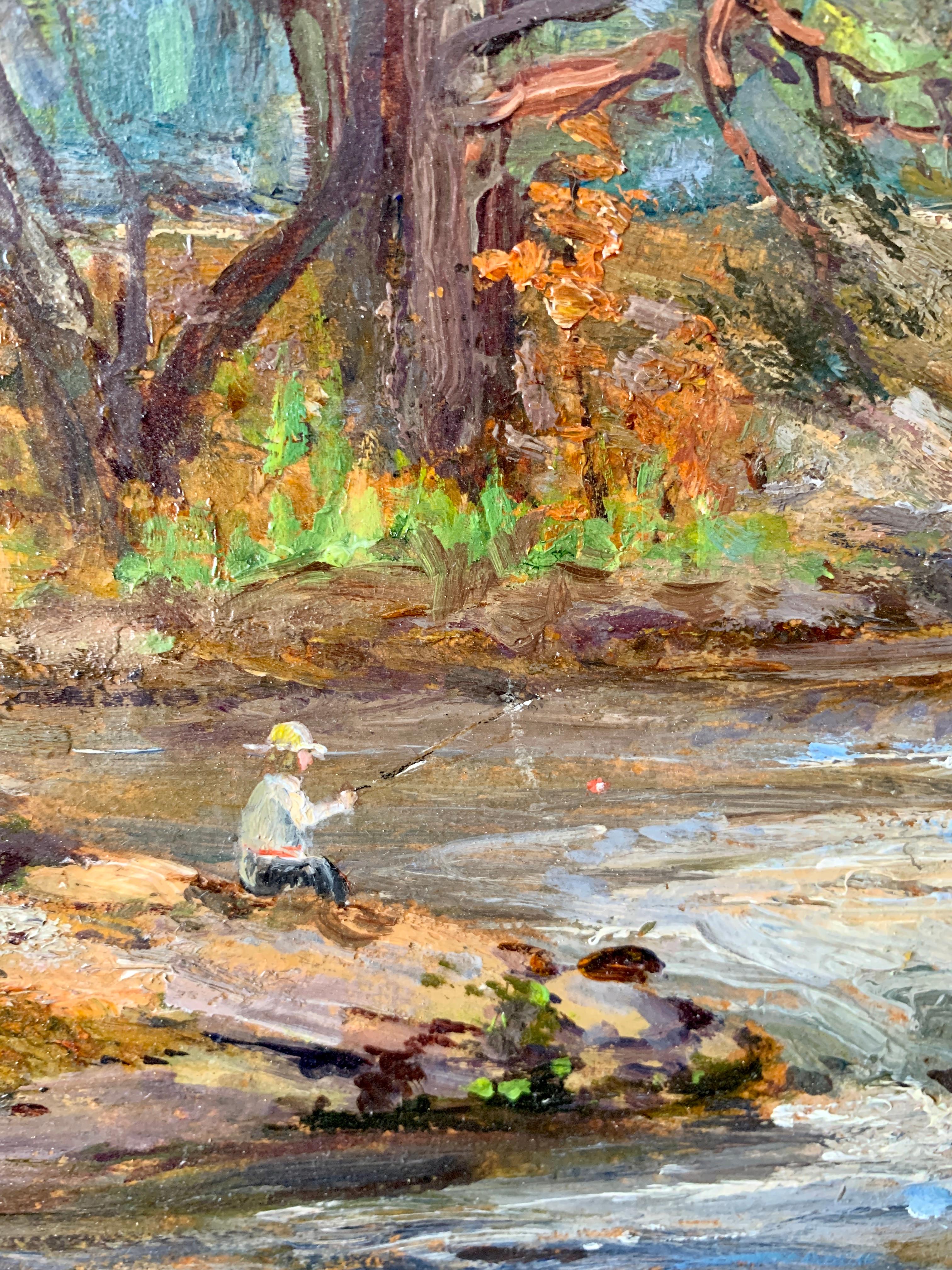 English Early 20th Century impressionist, man fishing by river landscape  - Impressionist Painting by Ernest Walbourn