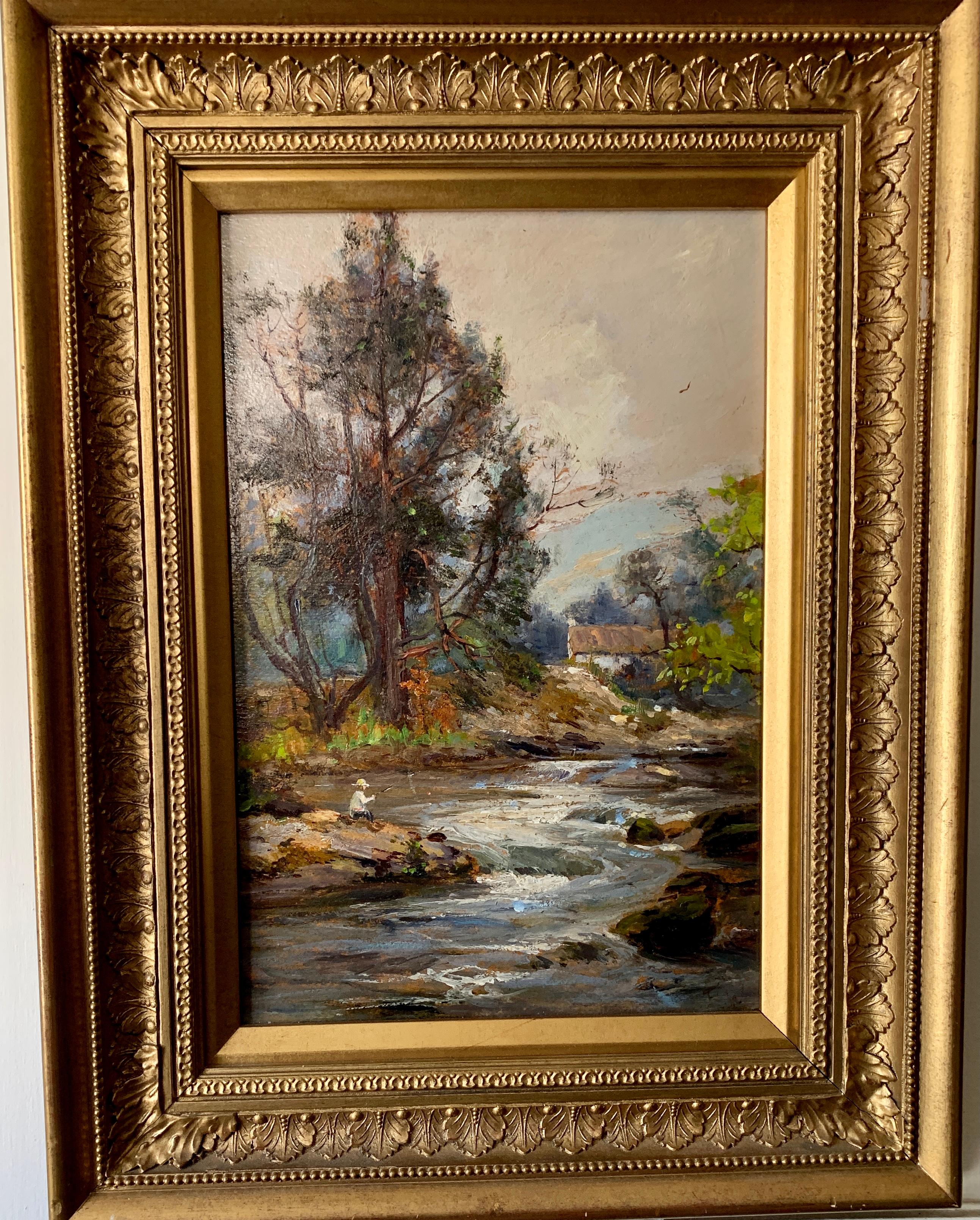 Ernest Walbourn Figurative Painting - English Early 20th Century impressionist, man fishing by river landscape