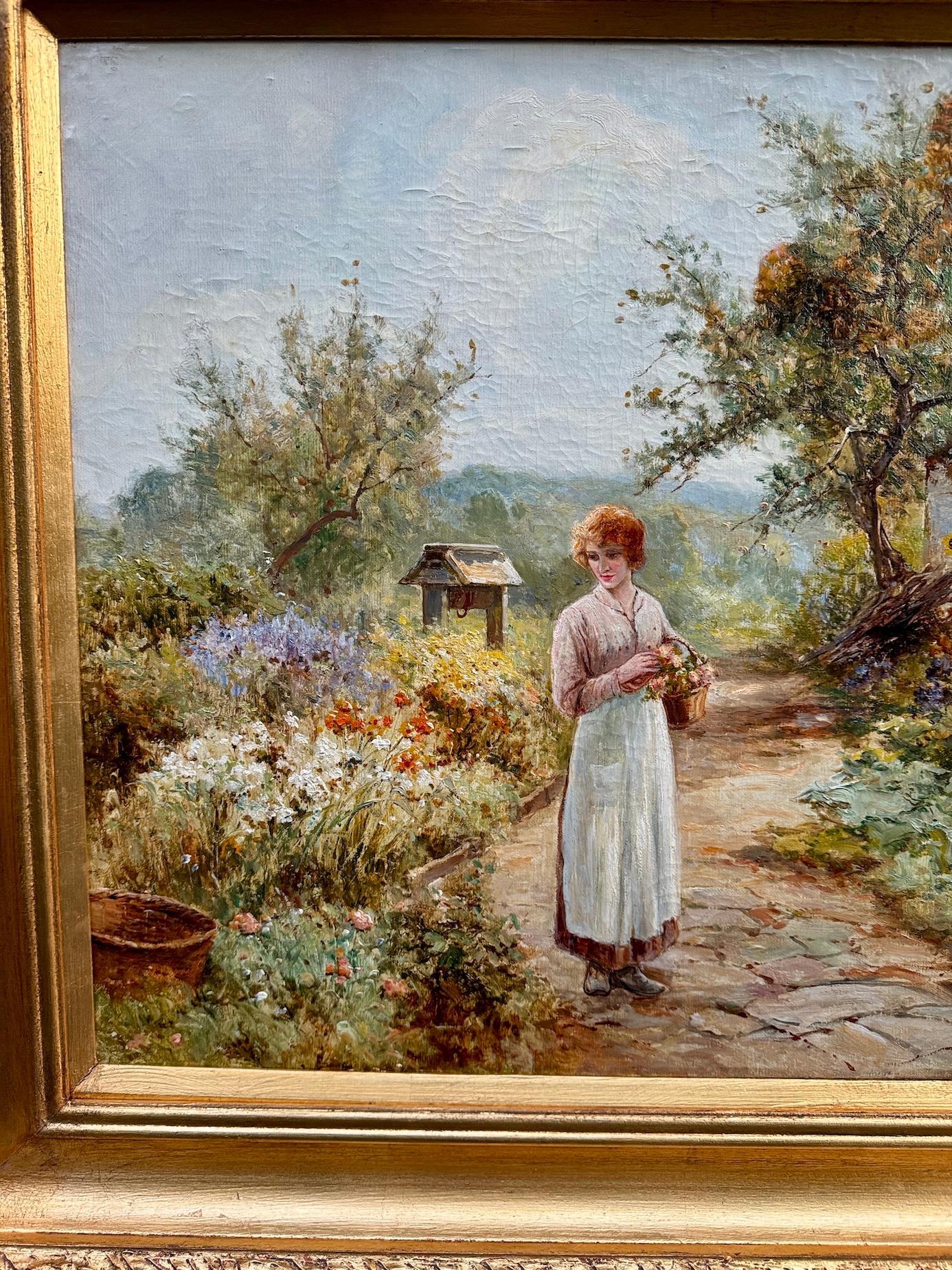 Casa de campo inglesa victoriana de principios del siglo XX Jardín con mujer con flores en venta 5
