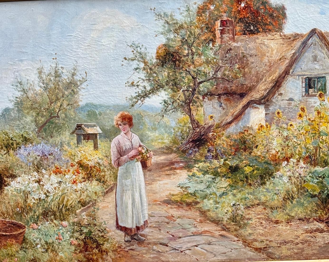 Casa de campo inglesa victoriana de principios del siglo XX Jardín con mujer con flores - Painting de Ernest Walbourn