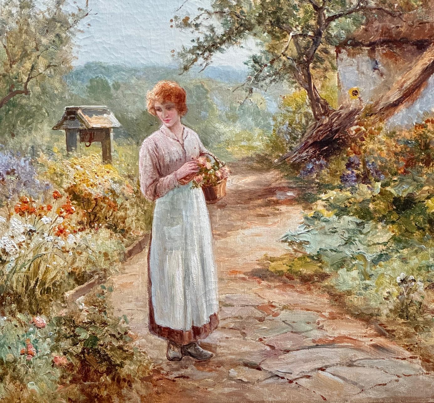 Casa de campo inglesa victoriana de principios del siglo XX Jardín con mujer con flores - Painting Victoriano de Ernest Walbourn