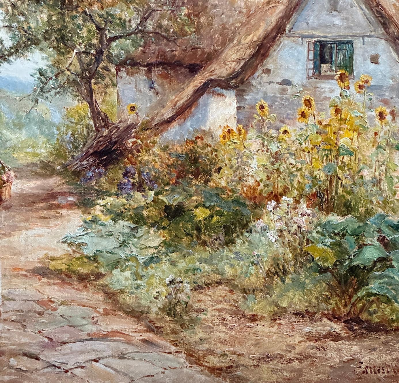 Casa de campo inglesa victoriana de principios del siglo XX Jardín con mujer con flores - Figurative Painting Marrón de Ernest Walbourn