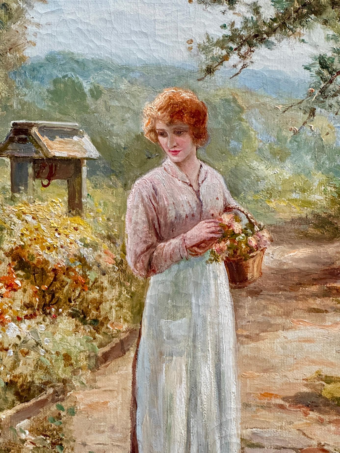 Casa de campo inglesa victoriana de principios del siglo XX Jardín con mujer con flores en venta 2
