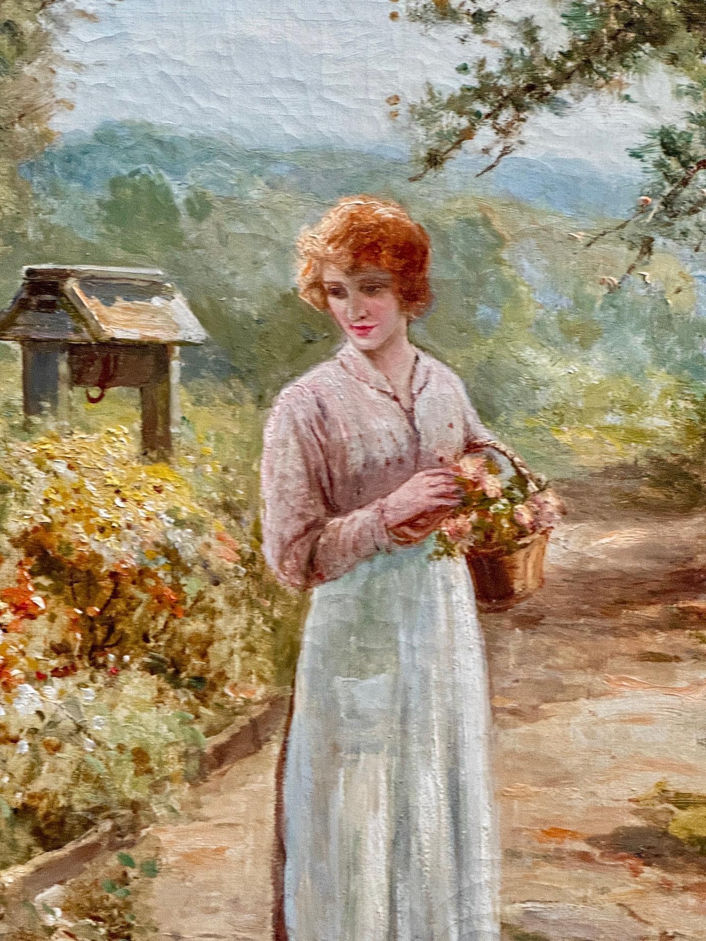 Casa de campo inglesa victoriana de principios del siglo XX Jardín con mujer con flores en venta 3
