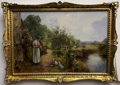 Feeding the Ducks Oil Painting, Framed, 20th Century Landscape Art