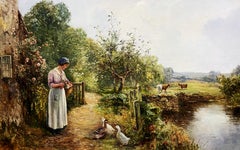 Feeding the Ducks Oil Painting, Framed, 20th Century Landscape Art